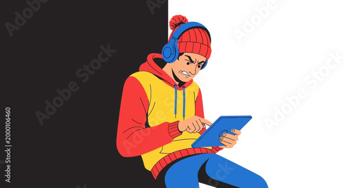 Young man wearing headphones using tablet.