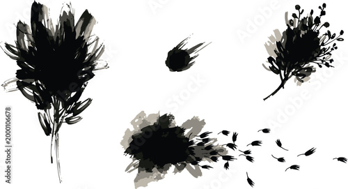 Black Floral Brush Strokes, Abstract Flowers, Ink Illustrations, Vector Graphics