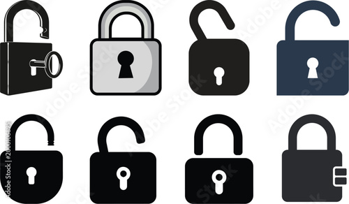 Set of lock and padlock icons in various states with white background access granted access denied security system cyber lock security protection cybersecurit