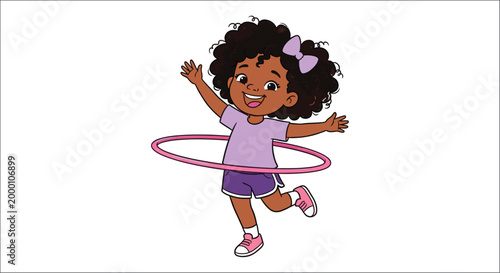 Illustration of a young girl playing with a hula hoop cheerful and dynamic