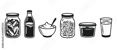 Healthy Food Icons Set, Fermented Products and Dairy Items, Black and White Vector Illustration, Glass Jars and Bowls for Probiotic Nutrition, Organic Diet Symbols for Kitchen or Restaurant Branding