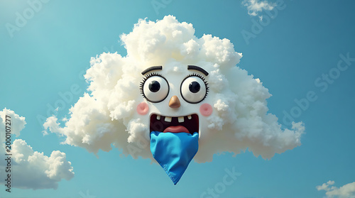 Cartoon puffy cloud character with happy face in blue sky