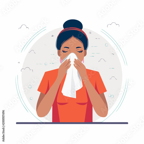 Woman blowing nose with tissue, illustration of allergy or cold
