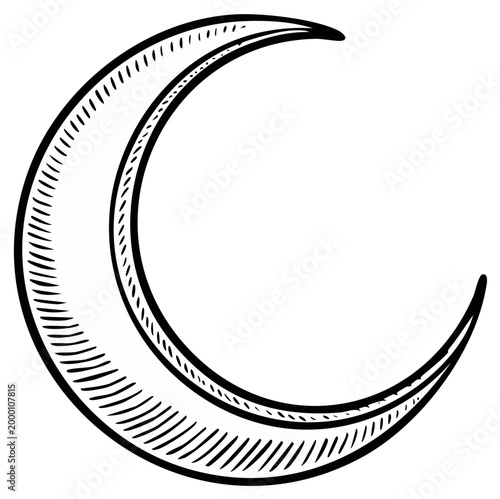 Stylized crescent moon illustration with hatching detail symbolizing night sky and celestial bodies