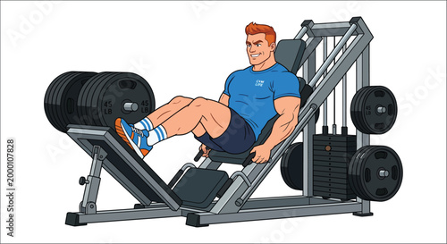 Cartoon illustration of a muscular man using a leg press machine