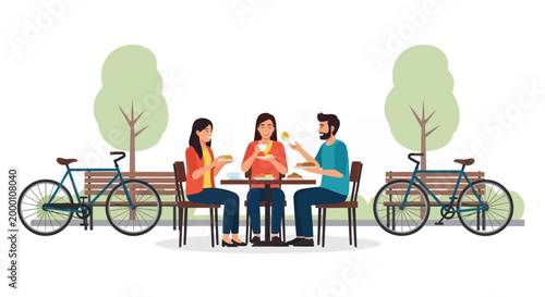 Friends eating outdoors, picnic with bicycles, outdoor dining, casual social gathering