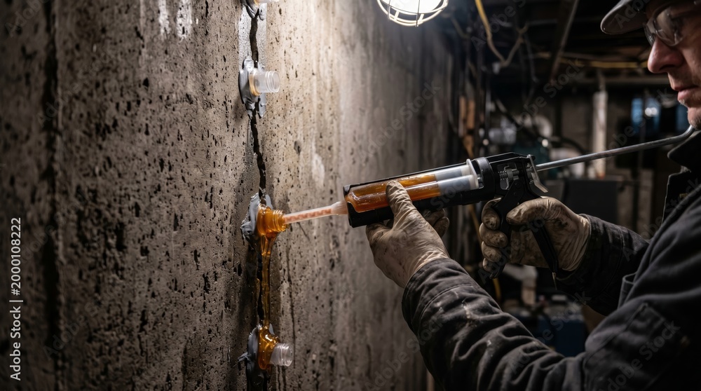Fototapeta premium Contractor injecting epoxy sealant into concrete basement wall crack