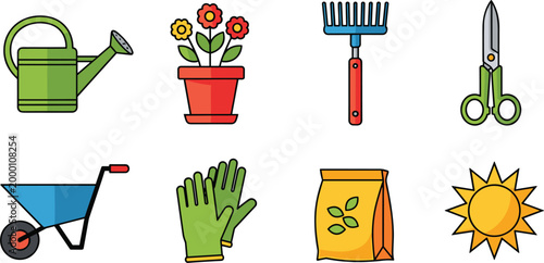 Gardening Tools Color Icons Set with Plant Care Symbols