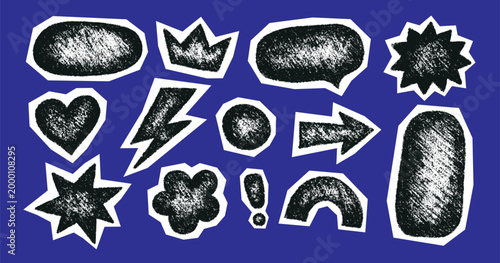 Crayon doodle scrapbook elements. Hand drawn cutout collage stickers. Collage oval, arrow and heart. Paper scrapbook vintage shape with crayon texture. Kid sketch drawing. Vector pencil illustration.