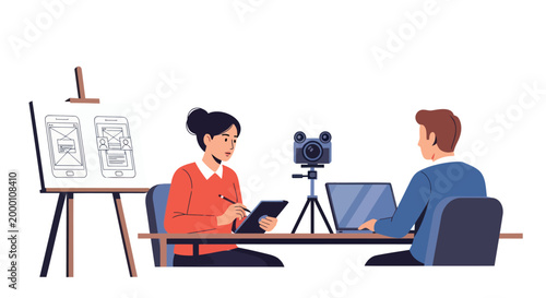 Business meeting, office collaboration, creative team, video conference, modern workspace