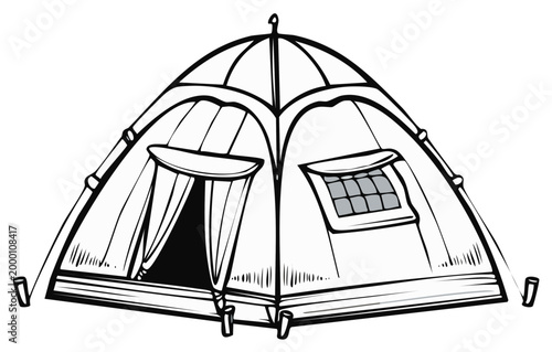 Cartoon illustration of a tent for camping in black and white style isolated on white. Camping gear for summer adventure