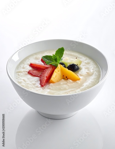 A bowl of creamy porridge with fruit and mint