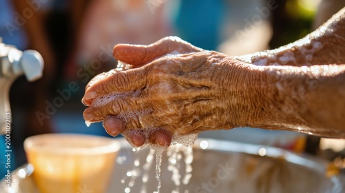 An elderly person gently washes their hands at an outdoor event, symbolizing care, health, and the compassion of senior wellness.