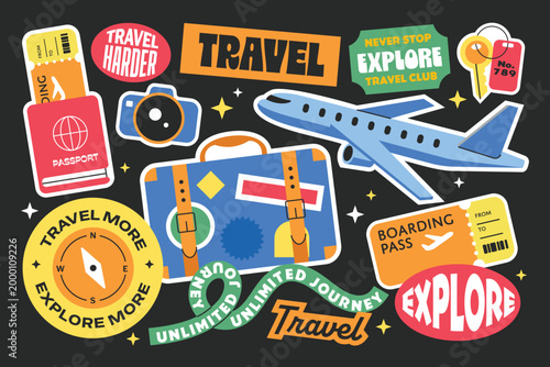 Set of Travel stickers elements collection. Airplane, suitcase, compass, camera, boarding pass. Explore travel badges and patches.