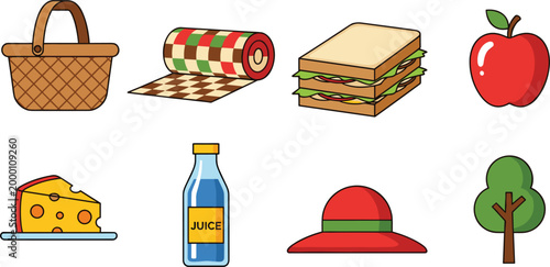 Picnic Food Outdoor Elements Icons Set Isolated on White Background