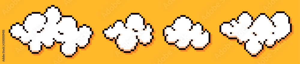 Fototapeta premium Four pixel game art clouds on yellow background.