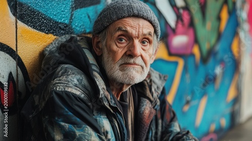 An emotional portrait of an elderly homeless man sitting against a graffiti-covered wall with deep wrinkles and a vacant stare.