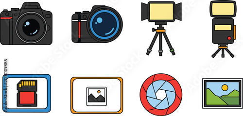 Photography Camera Equipment Icons Set Isolated on White Background