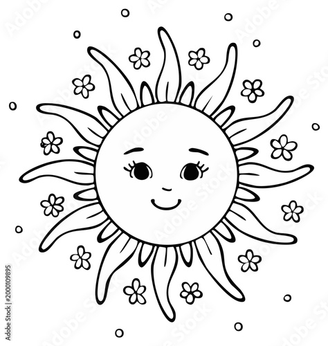Whimsical Line Art Sun with Flowers and Rays Smiling for Coloring