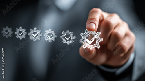 Businessman activating compliance management system with gears and checkmarks for regulatory standards and quality control