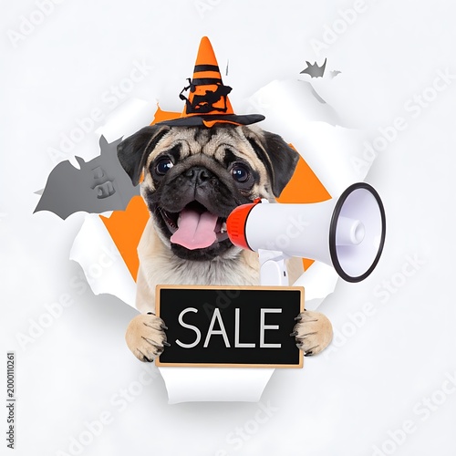 A pug dog in a witch hat holds a sale sign