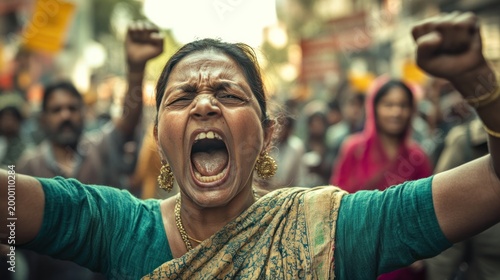 An Indian woman fiercely participates in a street protest, fighting for equal rights and social change.