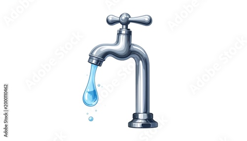 A silver faucet with a single drop of water falling