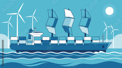 Eco-friendly cargo ship powered by wind and solar energy navigating the ocean with turbines in the background