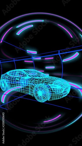 Vertical video: Cyan beam descending, arcs pulsing, camera orbiting wireframe car highlighting mesh