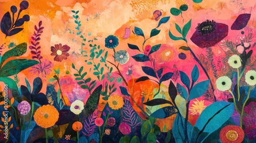 An urban street mural depicting a botanical journey, expressing creative activism in an environmentally-conscious neighborhood.