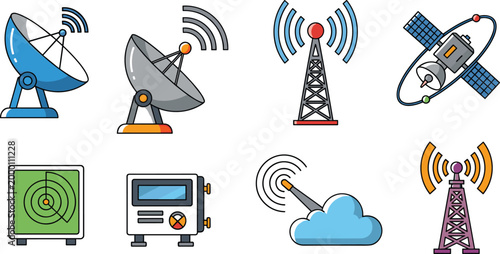 Satellite Communication Radar Network Icons Set Isolated on White Background
