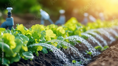 Automated irrigation system watering rows of fresh lettuce, representing efficient and sustainable farming technology