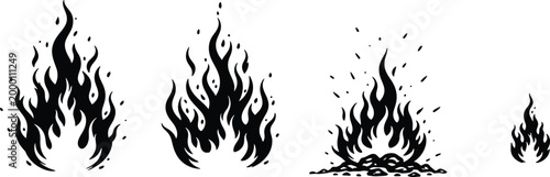 Black flame icons, fire symbols, vector graphics, burning elements, 4 styles