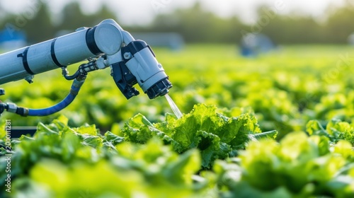 Automated irrigation system watering rows of fresh lettuce, representing efficient and sustainable farming technology