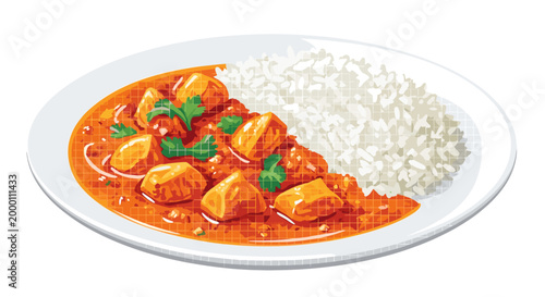 Illustration of a vibrant chicken curry with rice on a white plate, garnished with fresh herbs, featuring rich orange and white colors against a plain background
