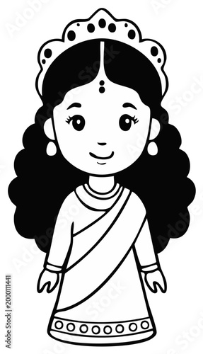 Charming Hindu Goddess Illustration with Curly Hair and Traditional Attire