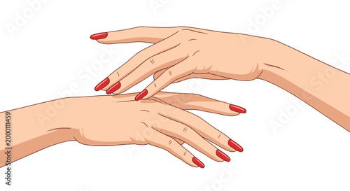Illustration of close view of manicured hands with red nails, elegantly posed against a white background, showcasing beauty and style
