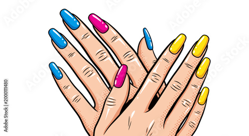 Close-up illustration of manicured hands with vibrant multicolored nails in blue, pink, and yellow on a white background