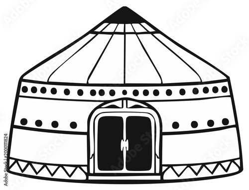 Illustrated Yurt Dwelling: Traditional Nomadic Tent Home in Line Art Style, Geometric Patterned Portable Structure, Shelter