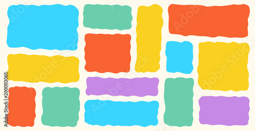 Wavy Organic Rectangle Text Box Set. Squiggly frames and shapes in vibrant colors. Soft irregular bubbles, and abstract form create playful hand drawn border for modern graphic design project.