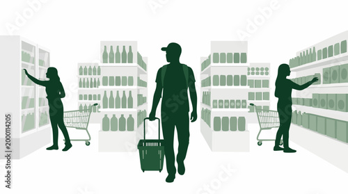 People shopping in a supermarket with silhouette figures and minimalist design