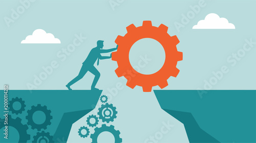 Businessman pushing large gear across chasm, overcoming business challenge