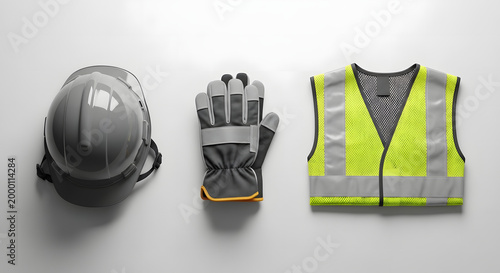 Safety equipment including a hard hat, work gloves, and a high-visibility vest arranged on a plain background