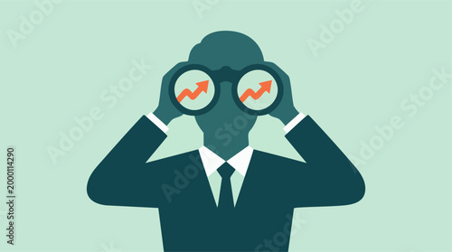 Businessman looking through binoculars, seeing financial growth and future trends