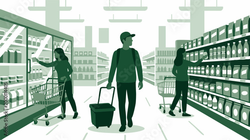 Shoppers selecting products in a modern grocery store or supermarket