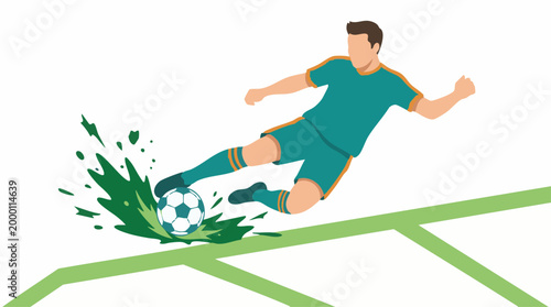 Dynamic soccer player sliding to kick a football, minimalist illustration