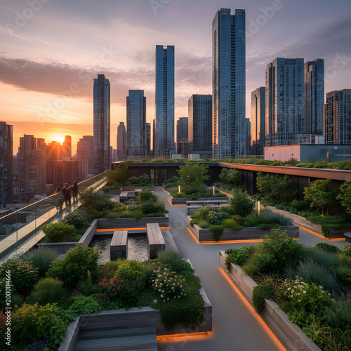 An urban rooftop garden at sunset with a mix of modern skyscrapers and lush greenery