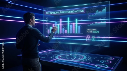 Professional businessman using AI financial monitoring dashboard for accounting and consulting services in a futuristic SaaS environment with holographic data analytics and security interface.