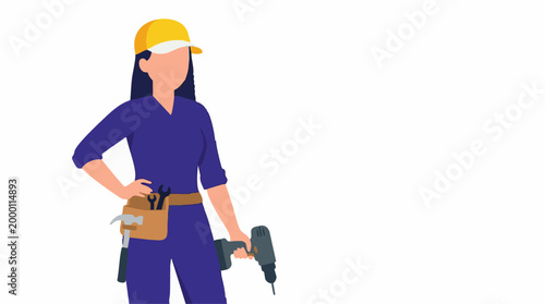 Female construction worker in uniform with power drill and tool belt