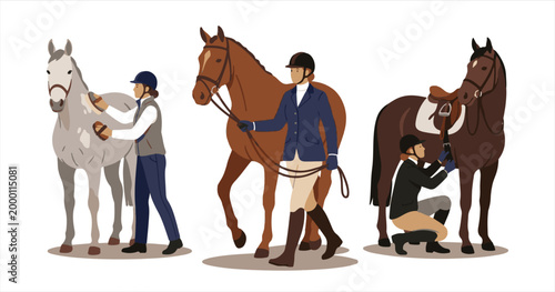A black vector illustration of a group of people and a woman riding a horseback stallion silhouette, showcasing an equestrian sport rider and animal nature in a farm cartoon